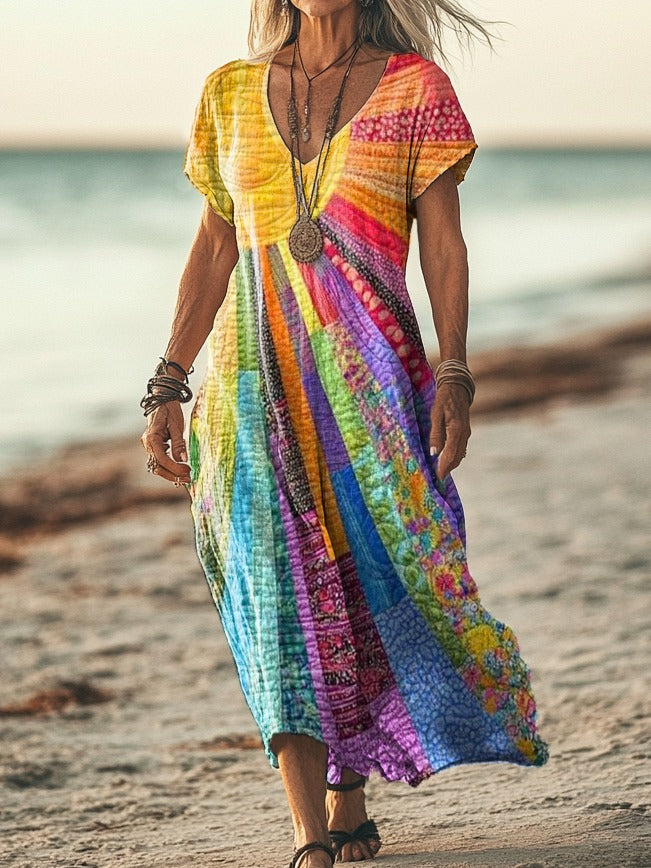 Midikleid Damen | Buntes Patchwork & Boho V-Ausschnitt