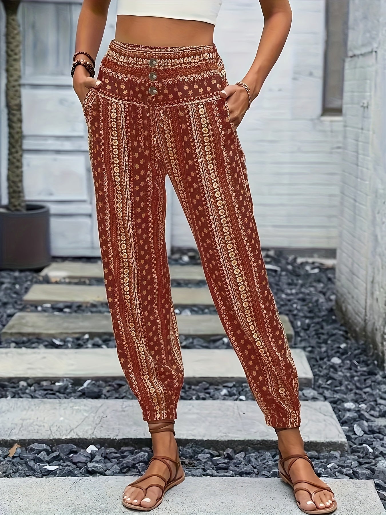 Boho High-Waist Damenhose mit Print & gesmoktem Bund – Linara 1
