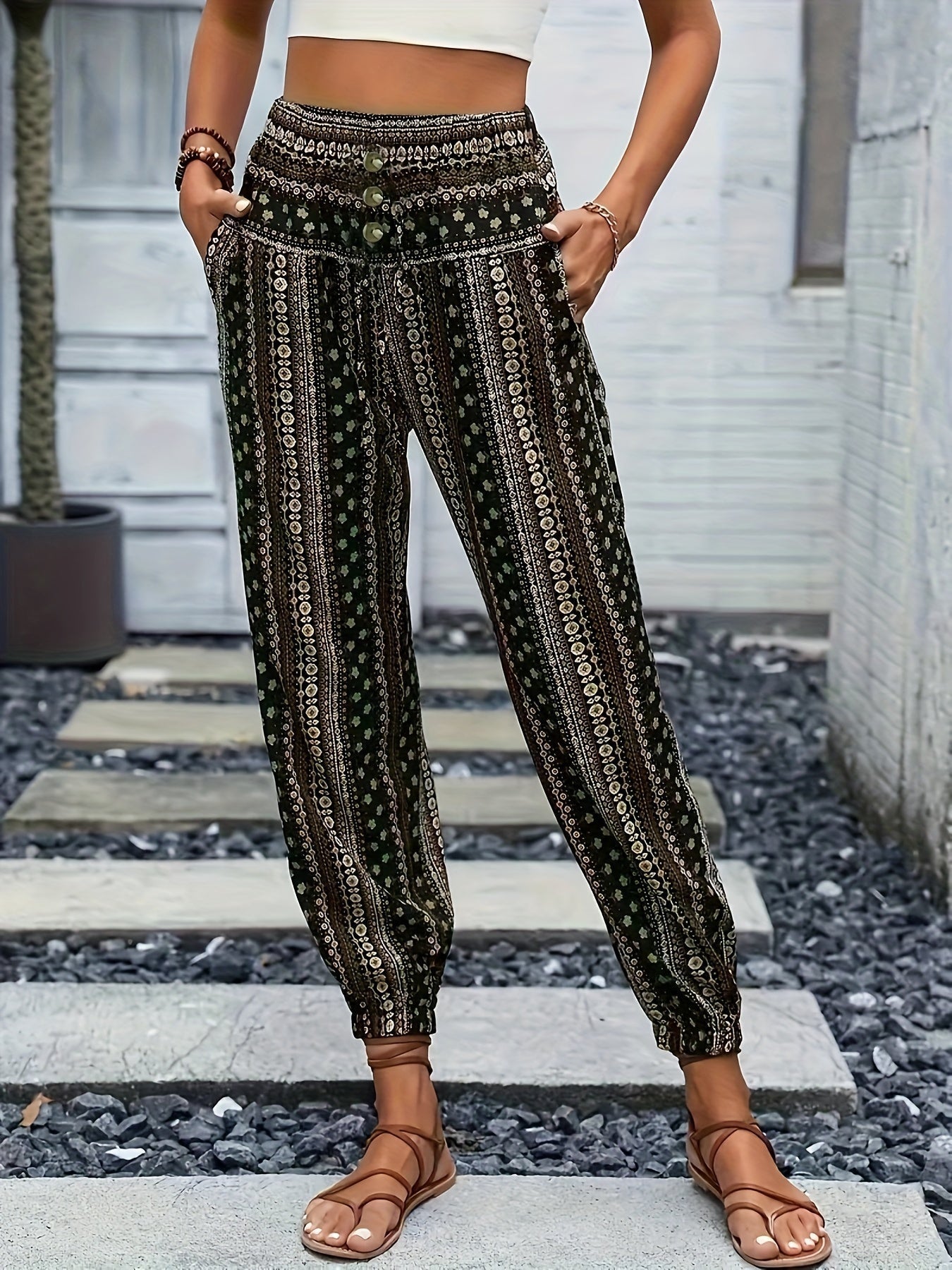 Boho High-Waist Damenhose mit Print & gesmoktem Bund – Linara 2