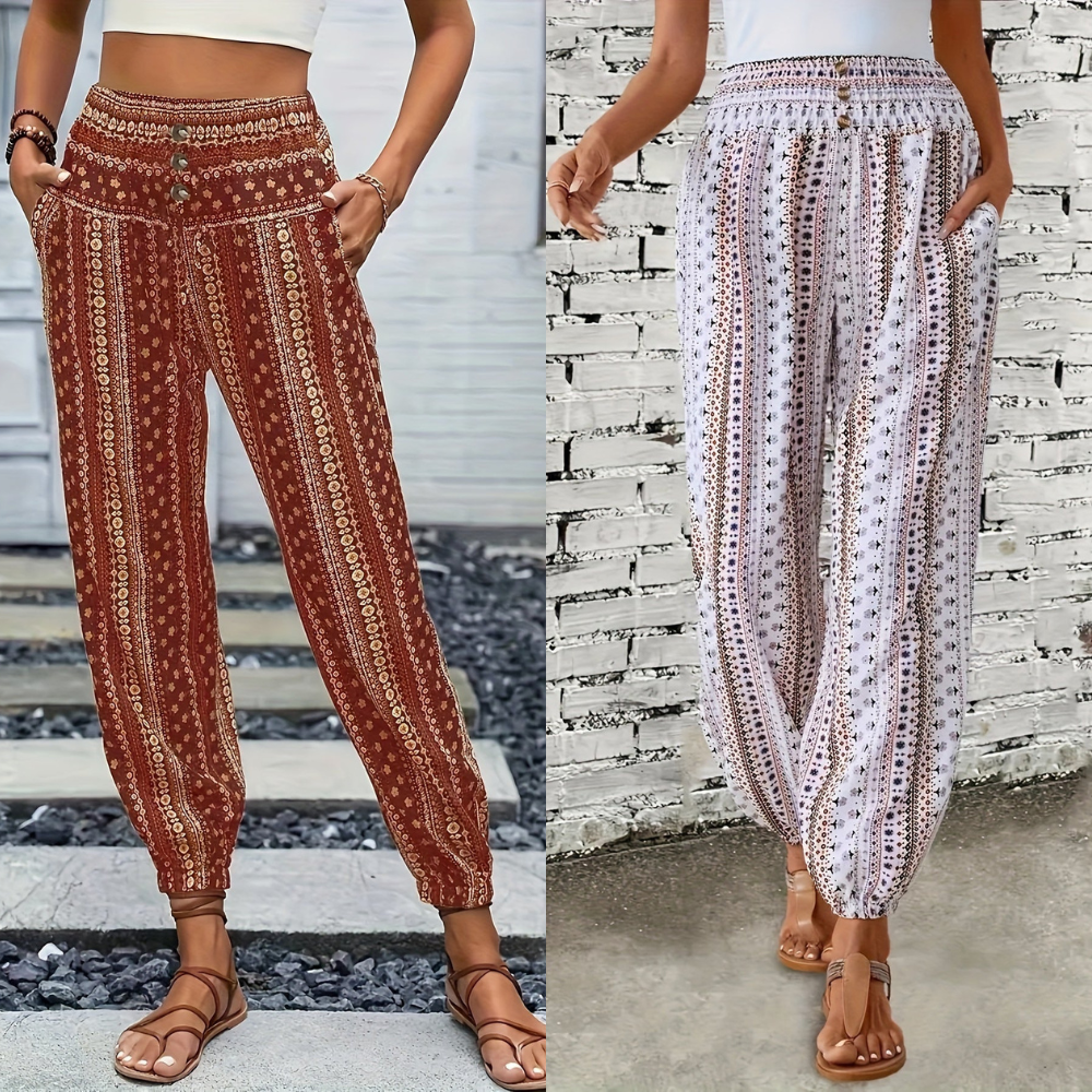 Boho High-Waist Damenhose mit Print & gesmoktem Bund – Linara 5
