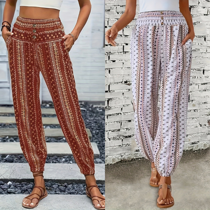 Boho High-Waist Damenhose mit Print & gesmoktem Bund – Linara 5