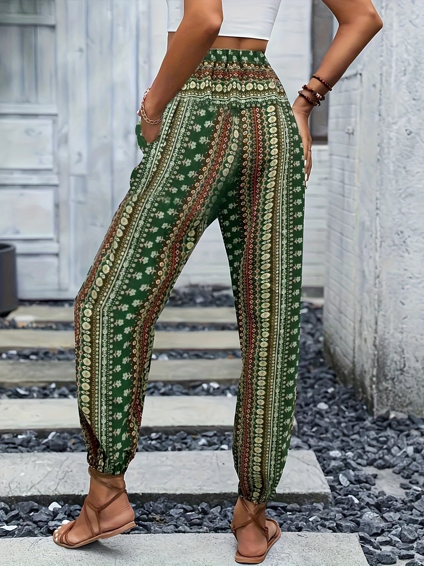 Boho High-Waist Damenhose mit Print & gesmoktem Bund – Linara 8