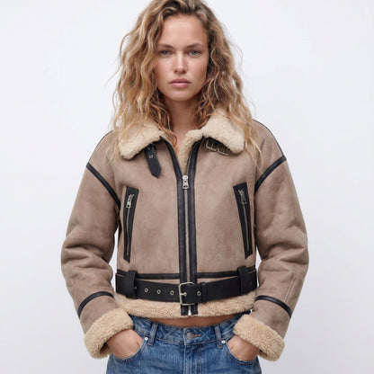 Damen Luxus Doppelseitige Lammfell Bomber Jacke - Khaki