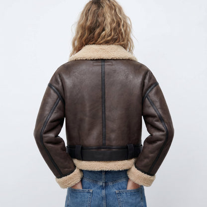 Damen Luxus Doppelseitige Lammfell Bomber Jacke