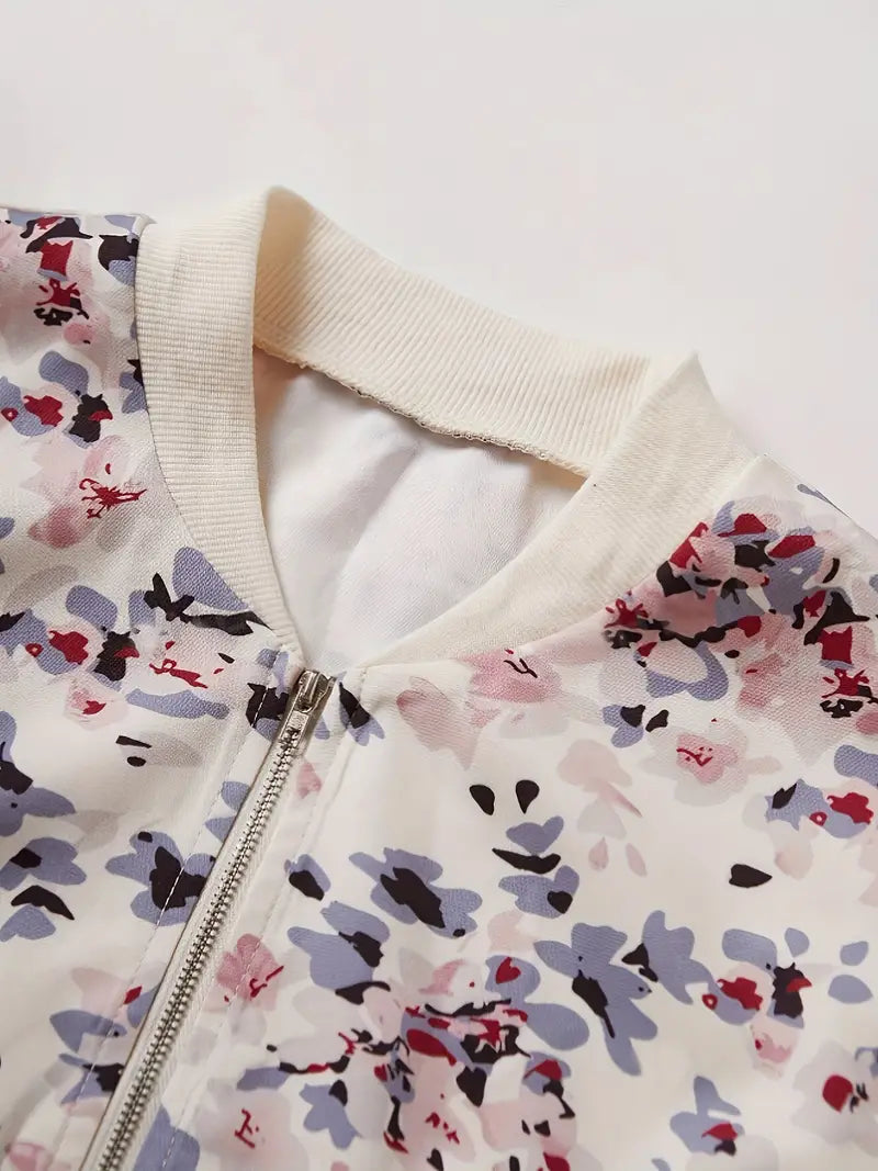 Bomberjacke Damen | Blumen-Print & Baseball-Kragen