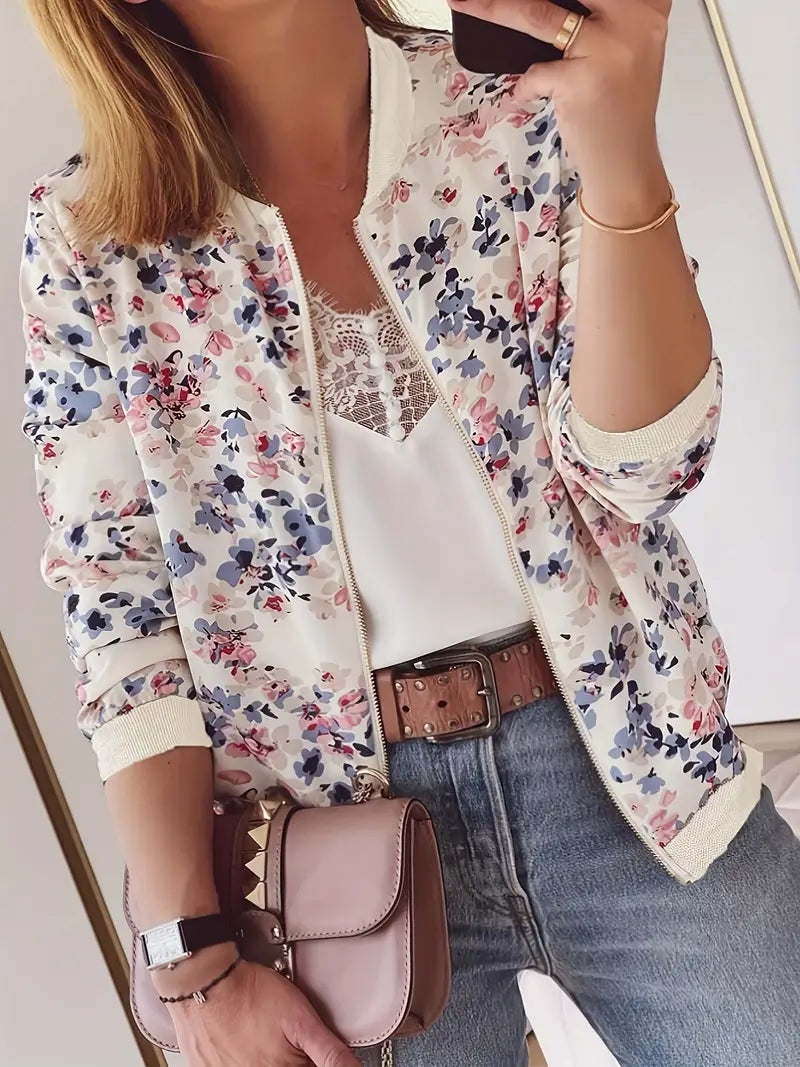 Bomberjacke Damen | Blumen-Print & Baseball-Kragen
