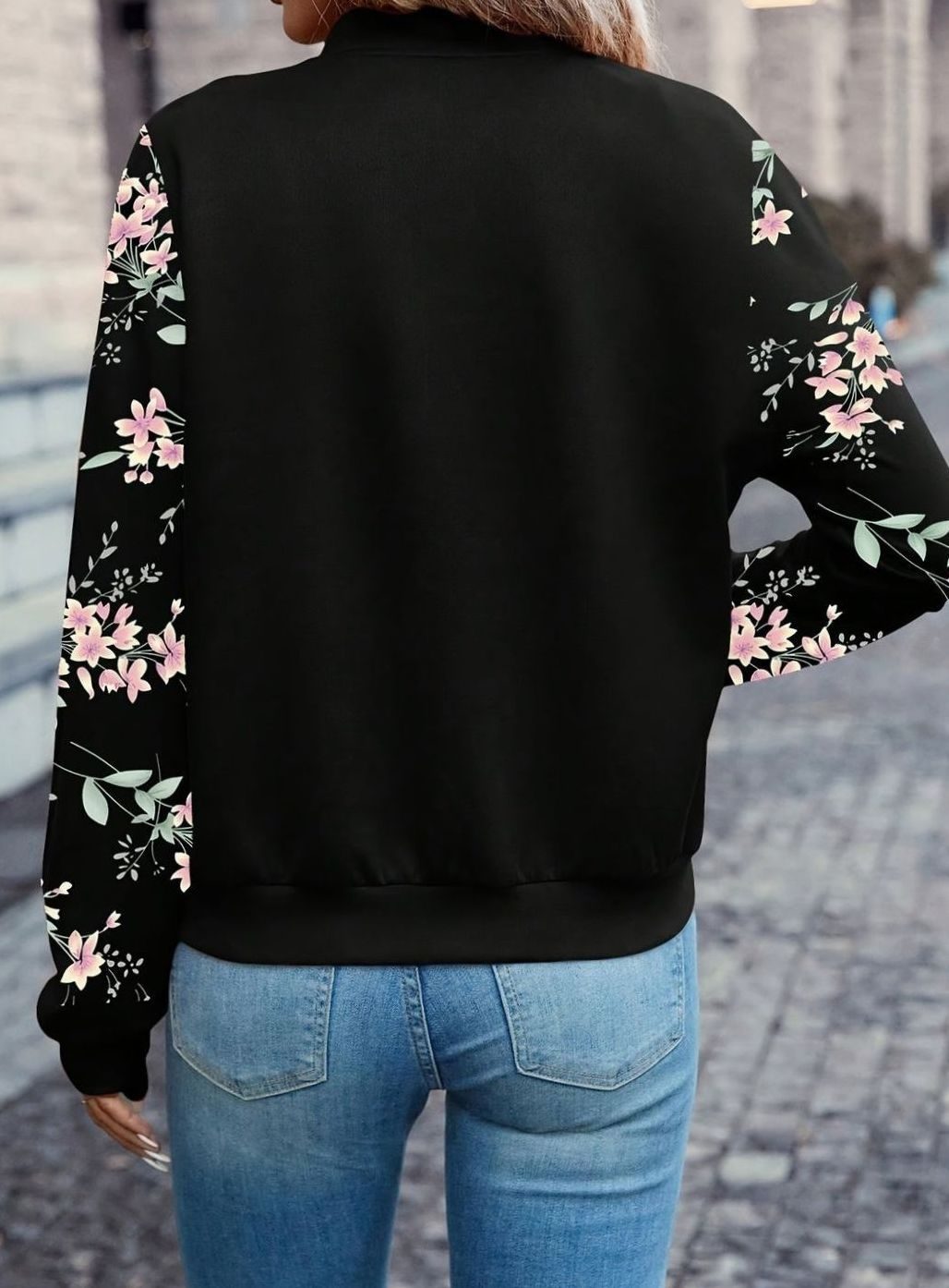Bomberjacke Damen | Blumenprint-Ärmel & Reißverschluss