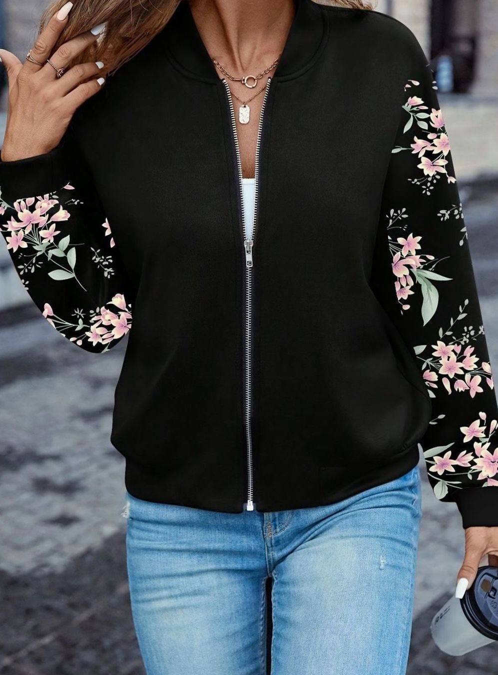 Bomberjacke Damen | Blumenprint-Ärmel & Reißverschluss