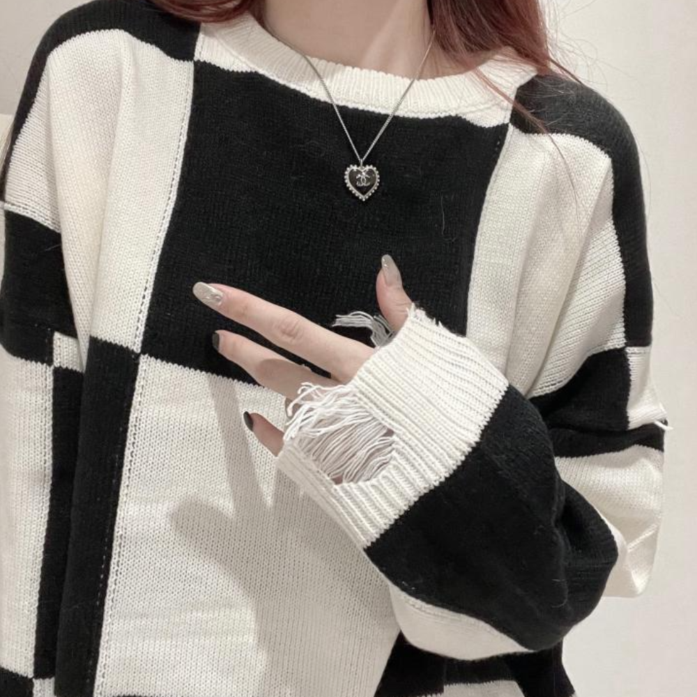 Strickpullover Damen | Fransen-Design mit Kontrastmuster 1
