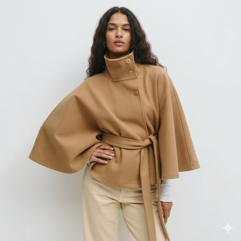 Cape Mantel Damen | Mit Taillengürtel & Hohem Kragen