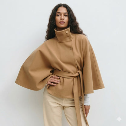 Cape Mantel Damen | Mit Taillengürtel & Hohem Kragen