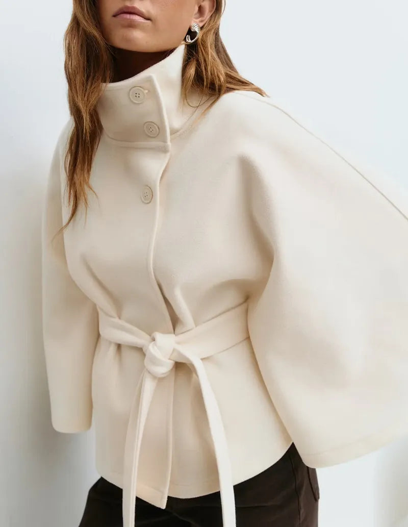 Cape Mantel Damen | Mit Taillengürtel & Hohem Kragen