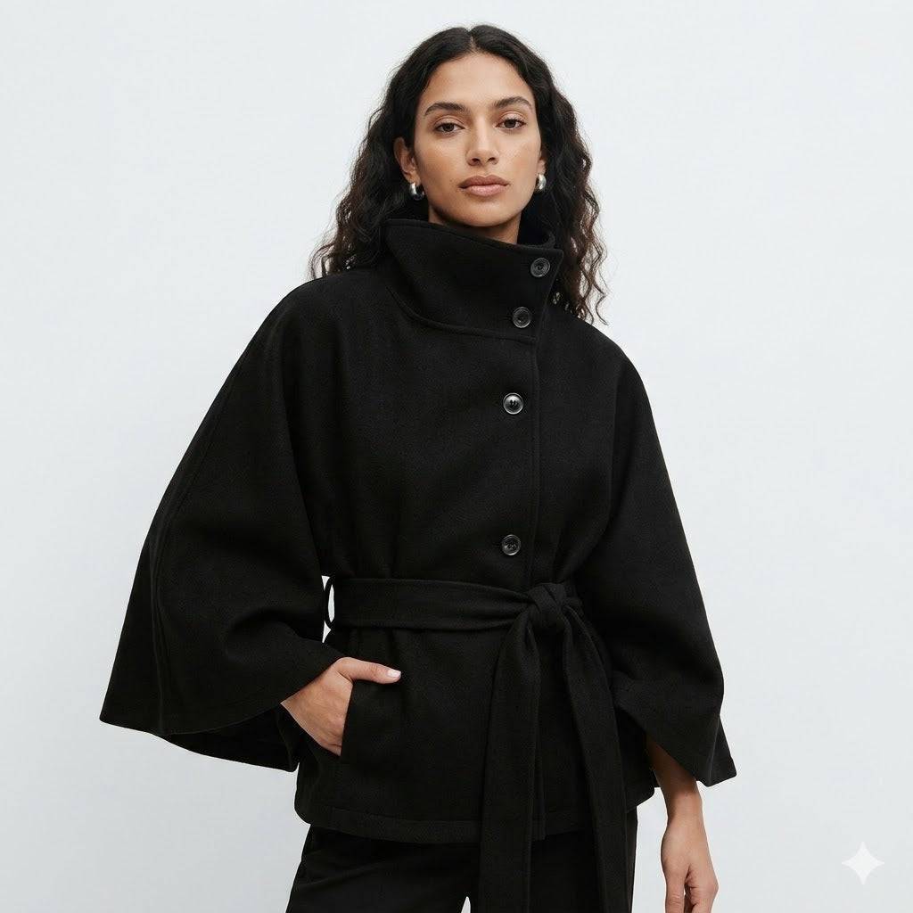 Cape Mantel Damen | Mit Taillengürtel & Hohem Kragen