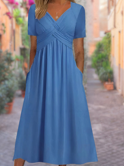 Midi Kleid Damen | Crossover V-Ausschnitt & Empire-Taille