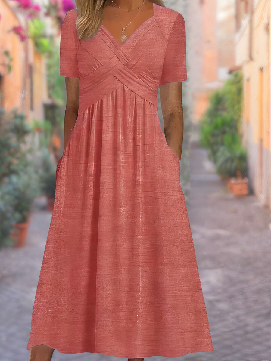Midi Kleid Damen | Crossover V-Ausschnitt & Empire-Taille
