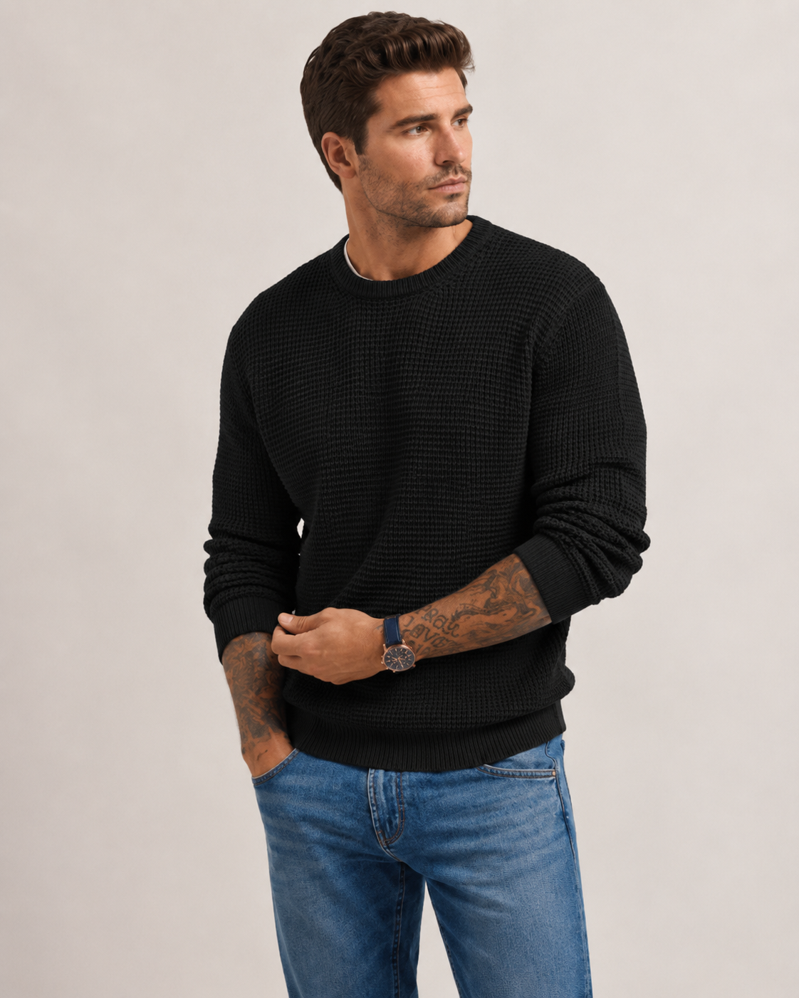Side view of the men's knit pullover sweater