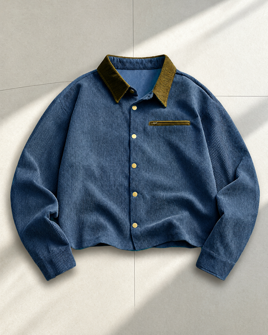 Back view of a men's corduroy shirt jacket with a casual outerwear silhouette.