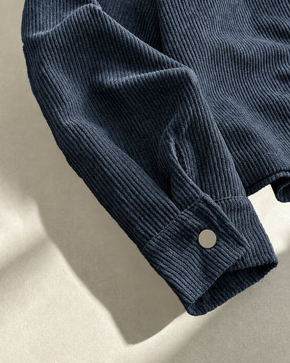 Full view of a men's corduroy shirt jacket for casual seasonal styling.
