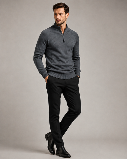 Men's fitted knit sweater shown with the front zip fully closed