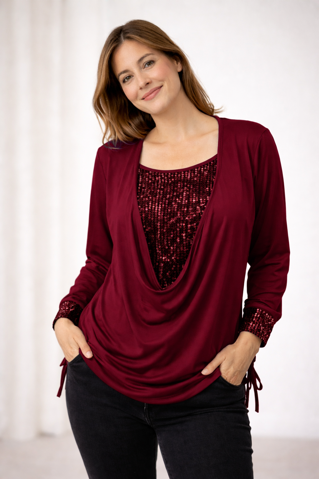 Bluse Damen | Wasserfallausschnitt & Langarm 4