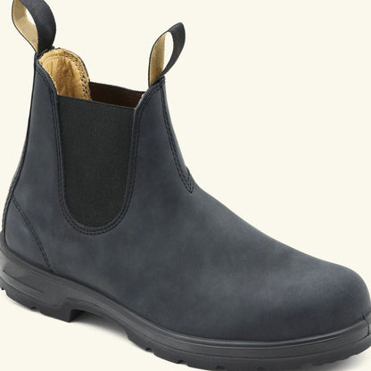 Pair of men's leather Chelsea boots shown from the front with pull tabs