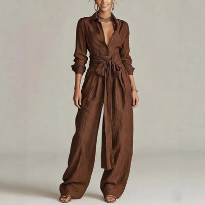 Clara | Damen Linen Weite High-Waist Co-Ord Set mit Hemdbluse 2