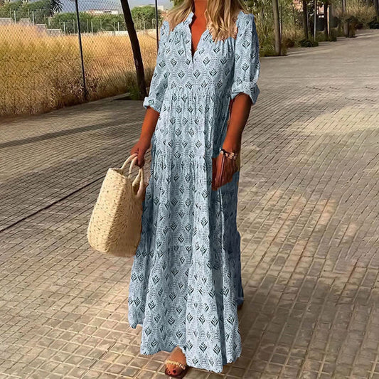 Maxi Kleid Damen | Botanischer Print & Stufenrock