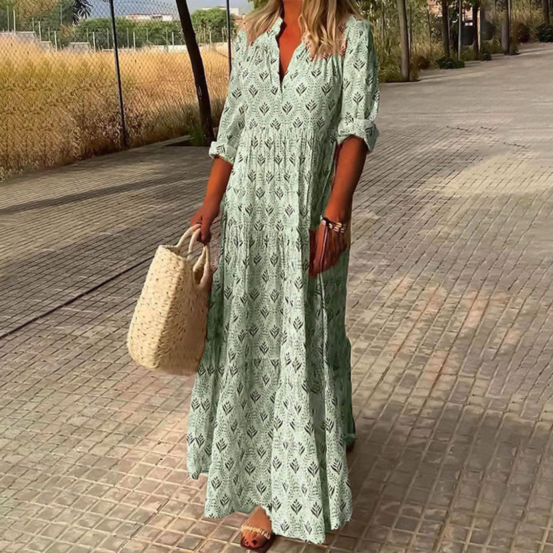 Maxi Kleid Damen | Botanischer Print & Stufenrock