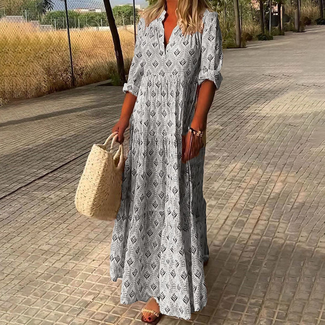 Maxi Kleid Damen | Botanischer Print & Stufenrock