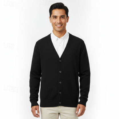 Close-up of the V-neck and button front on a men's cardigan
