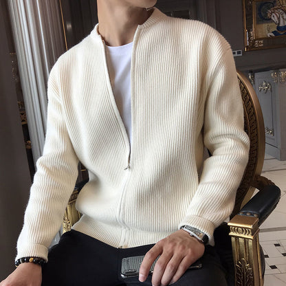 Men's soft knit cardigan shown from the front with a classic button-front design