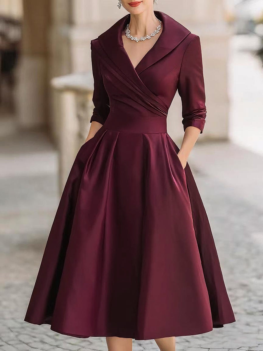 Midikleid Damen | Elegantes Abendkleid mit A-Linien-Rock & V-Ausschnitt