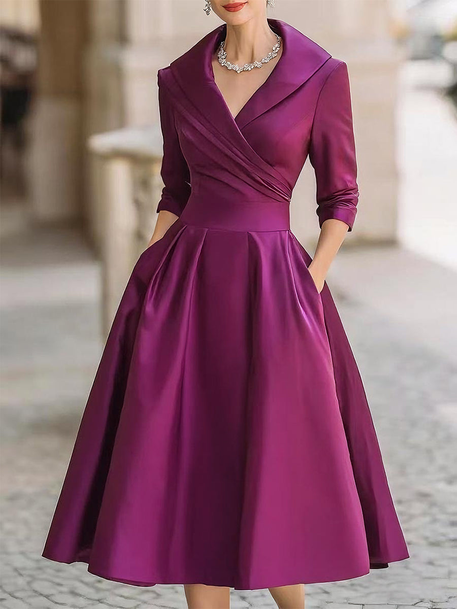 Midikleid Damen | Elegantes Abendkleid mit A-Linien-Rock & V-Ausschnitt