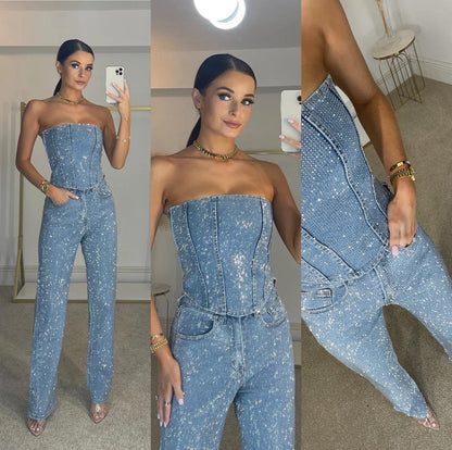 Glitzer Hosenset Damen | High-Waist Jeans Set 8