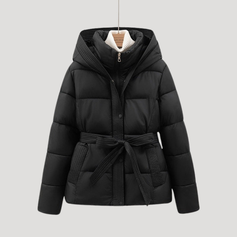 Damen-Daunenjacke mit Kapuze und Gürtel | Winter