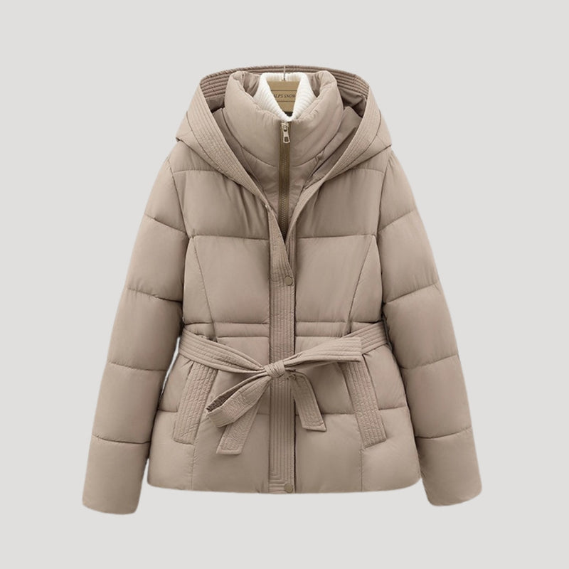 Damen-Daunenjacke mit Kapuze und Gürtel | Winter