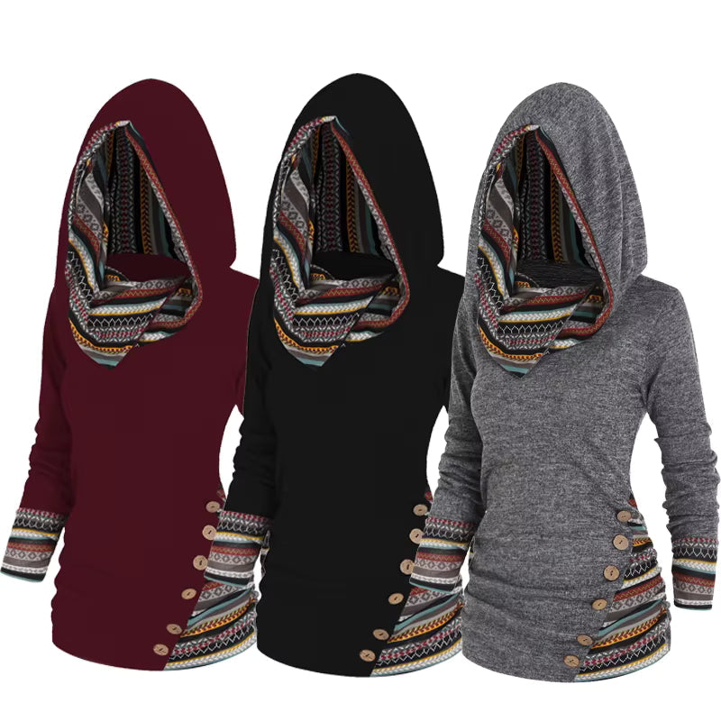 Damen Hoodie Tribal-Muster Kapuze Knopfdetails Langarm 2