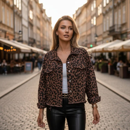 Damen Jacke Streetwear Leoprint Oversized Fransensaum mit Außentaschen 2