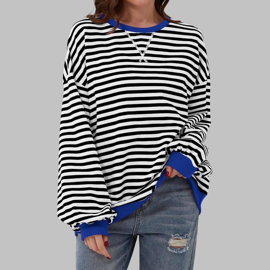 Damen Pullover gestreift Rundhals locker Langarm mit Kontrastbündchen 2