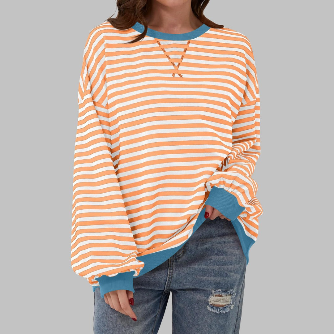 Damen Pullover gestreift Rundhals locker Langarm mit Kontrastbündchen 5