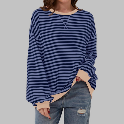 Damen Pullover gestreift Rundhals locker Langarm mit Kontrastbündchen 7