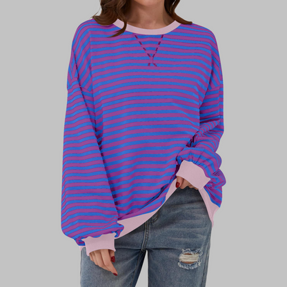 Damen Pullover gestreift Rundhals locker Langarm mit Kontrastbündchen 8