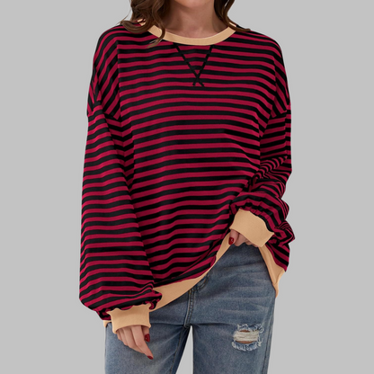 Damen Pullover gestreift Rundhals locker Langarm mit Kontrastbündchen 9
