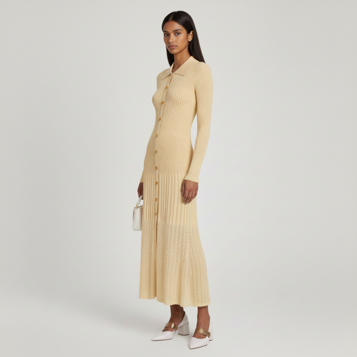 Damen Strickkleid Figurbetont Knopfleiste Kragenausschnitt 2
