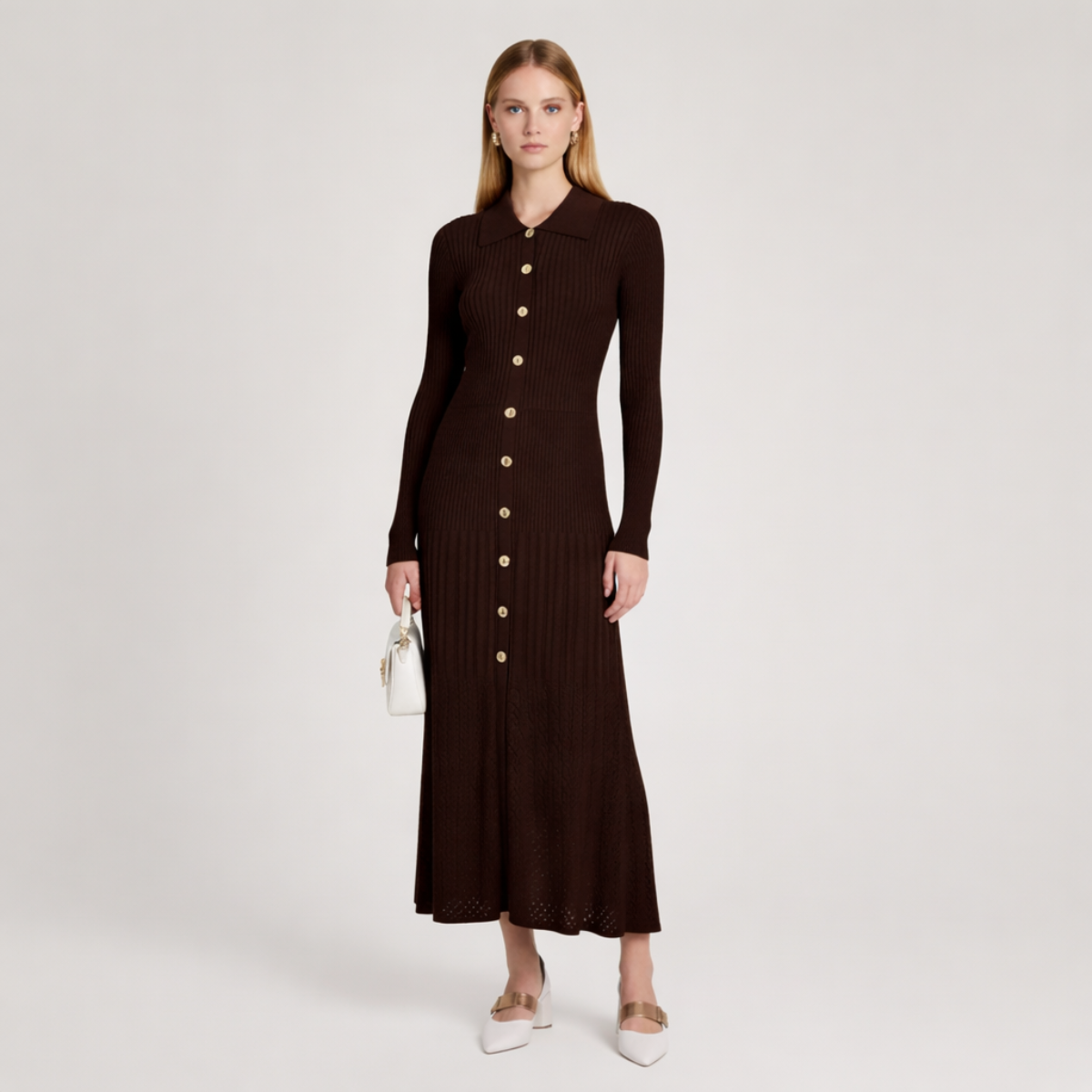 Damen Strickkleid Figurbetont Knopfleiste Kragenausschnitt 4