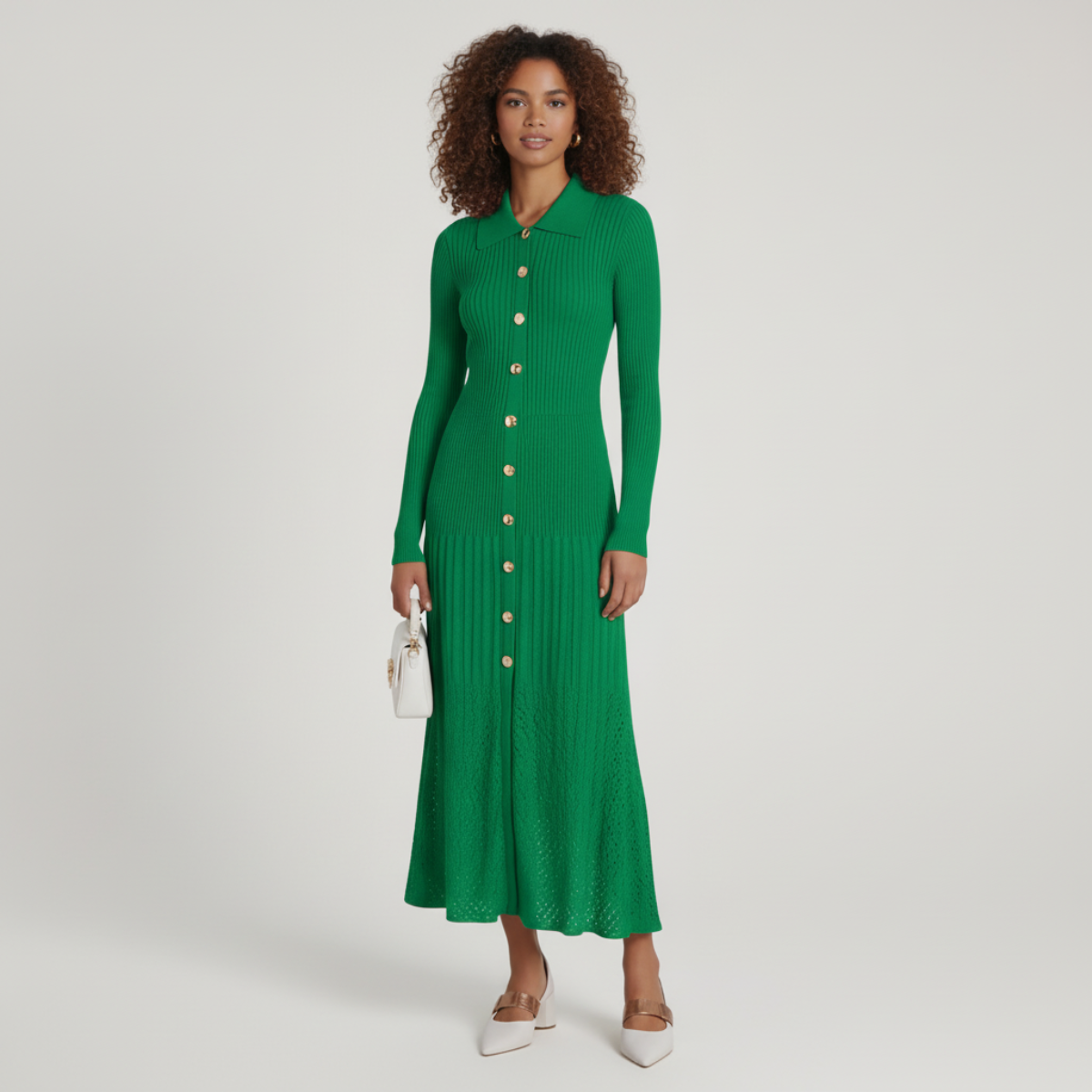 Damen Strickkleid Figurbetont Knopfleiste Kragenausschnitt 6