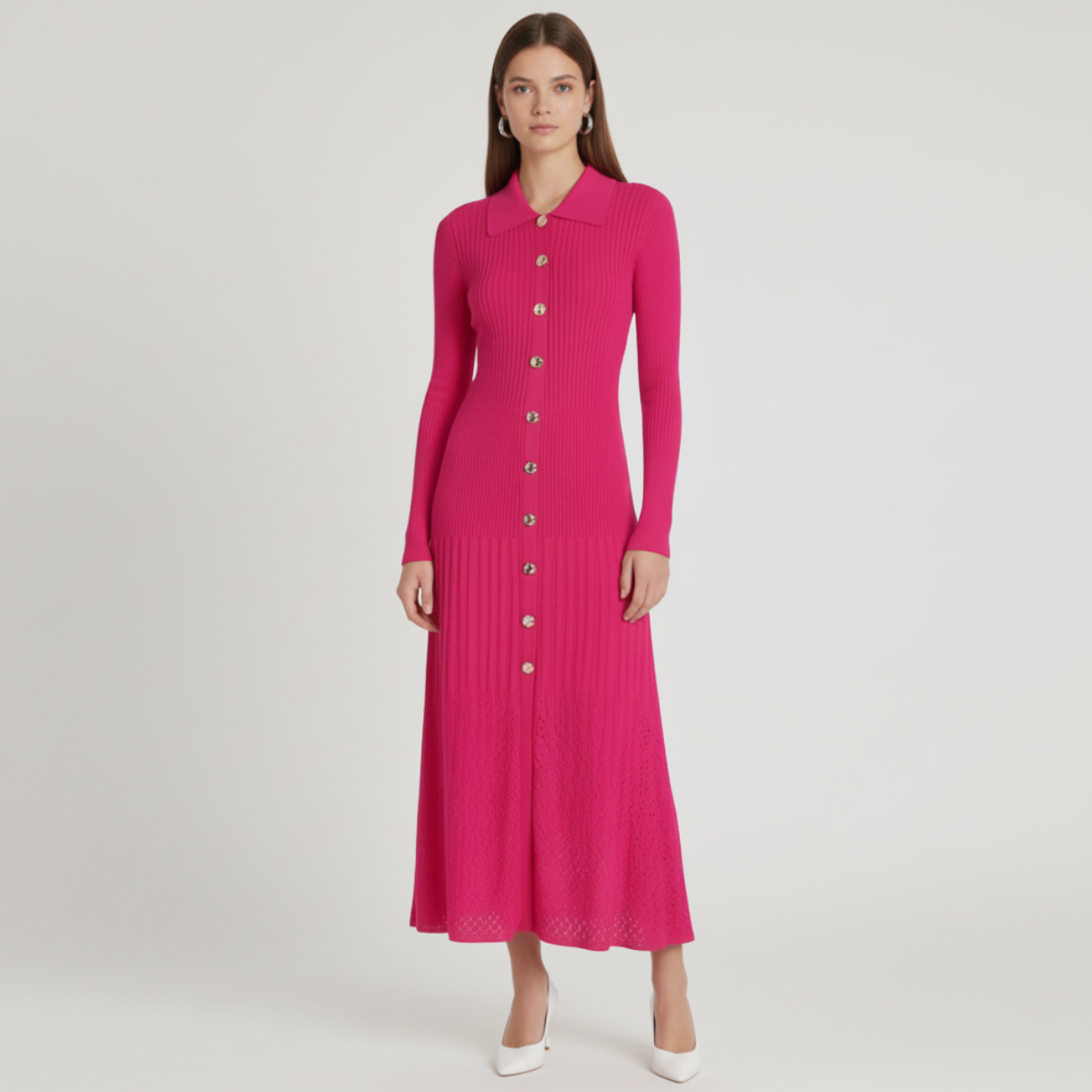Damen Strickkleid Figurbetont Knopfleiste Kragenausschnitt 7