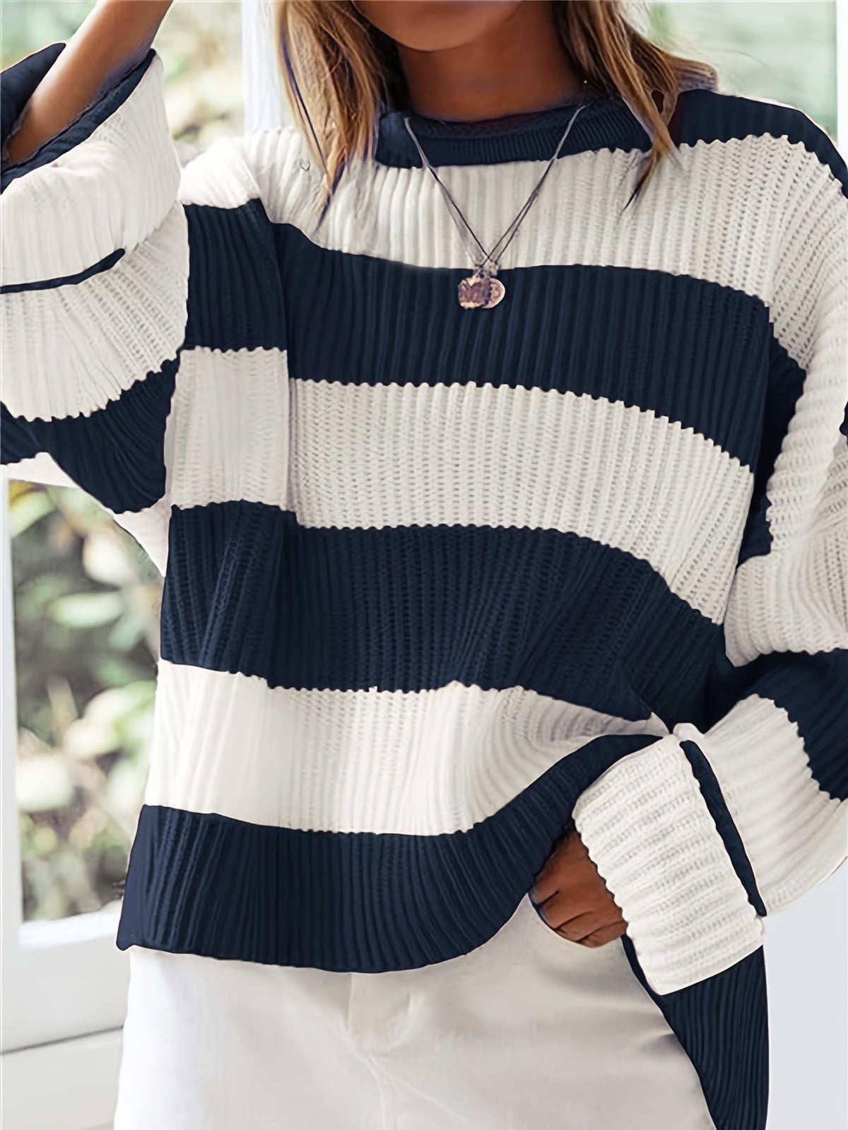 Bregwina | Damen Oversize Strickpullover Blockstreifen - Image 5