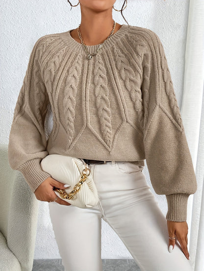 Gunnhild | Damen Zopfmuster Strickpullover mit Ballonärmel - Black - Image 10