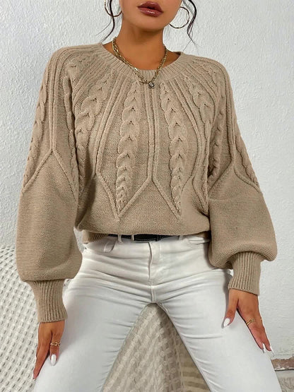 Gunnhild | Damen Zopfmuster Strickpullover mit Ballonärmel - Black - Image 11